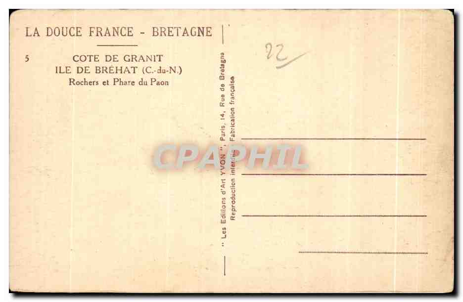 Côte de Granit, Ile de Bréhat (C.-du-N.) — Rochers et Phare du Paon — Éditions d'Art YVON, Paris — Verso
