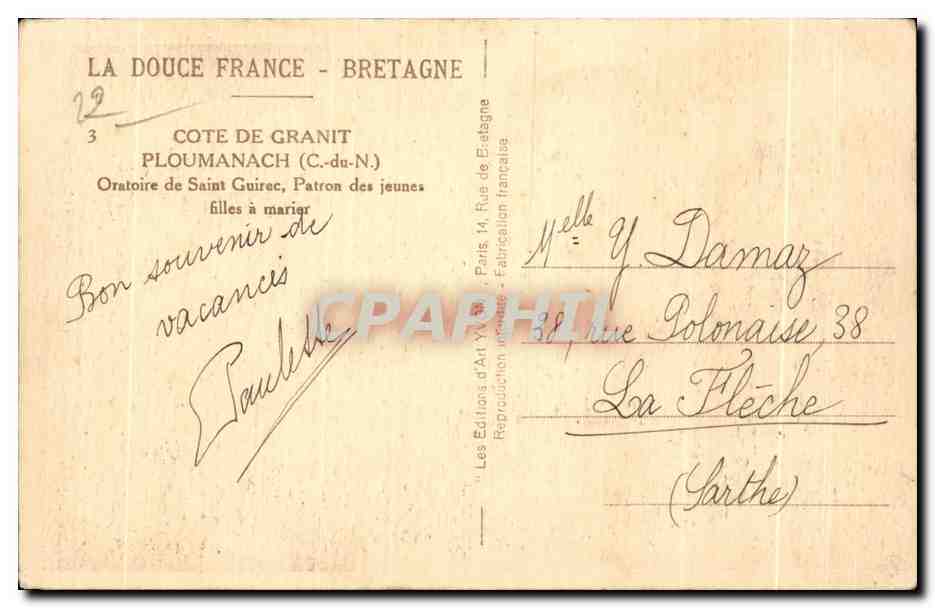 Oratoire de Saint Guirec — PLOUMANACH (C.-du-N.) — Les Éditions d'Art Wolfs — Verso
