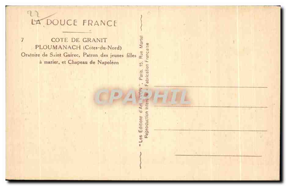 Côte de Granit — P loumanach (Côtes-du-Nord) — Oratoire de Saint Guirec, Chapeau de Napoléon — Les Éditions d'Art Yvon, Paris — Rückseite