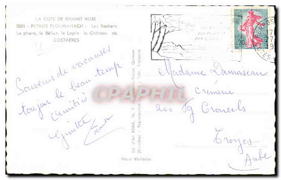 Ploumanach — Phare, Rochers, Bélîcer — Éd. d'Art REMA, Finistère — Reverso