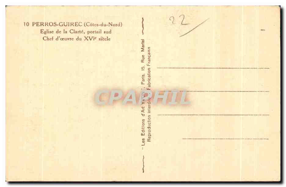 CPA Perros Guirec Cotes du Nord Eglise de la Clarte Portail sud Chef d ceuvre du XVI siecle — Verso
