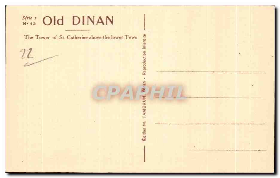 Dinan - Tour Ste-Catherine dominant la Ville basse — Édition M. FAMERUN, Dinan, Série 1 N° 12 — Rückseite