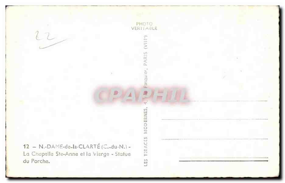 N.-DAME-de-la-CLARTÉ (C.-du-N.) — La Chapelle Ste-Anne und die Jungfrau — Statue des Portals — Verlag: LES TIRAGES MODERNES, 4, rue Pasquier, PARIS (VIII) — Rückseite