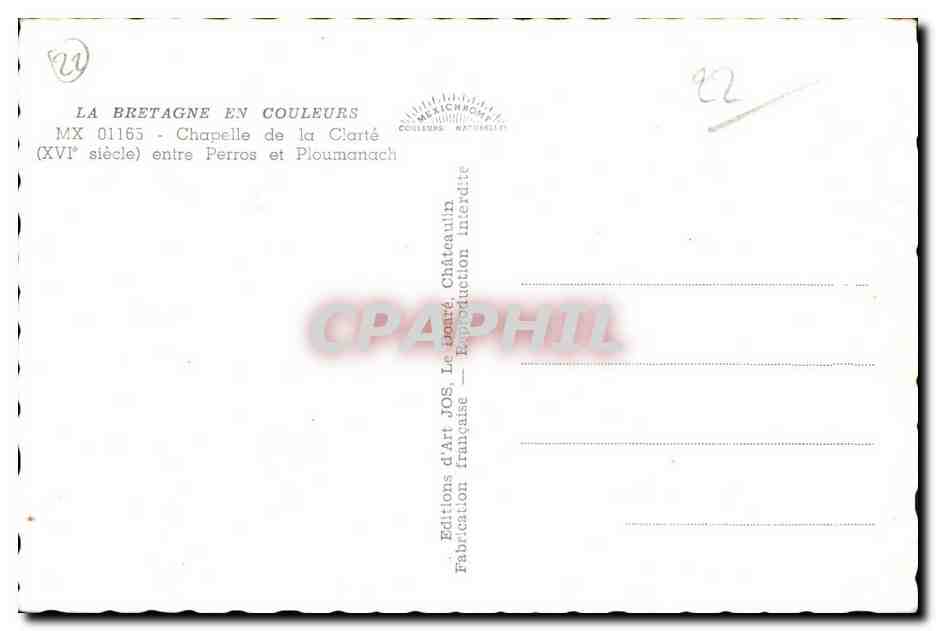 CPA Chapelle de la Clarte entre Perros et Ploumanac h — Reverso