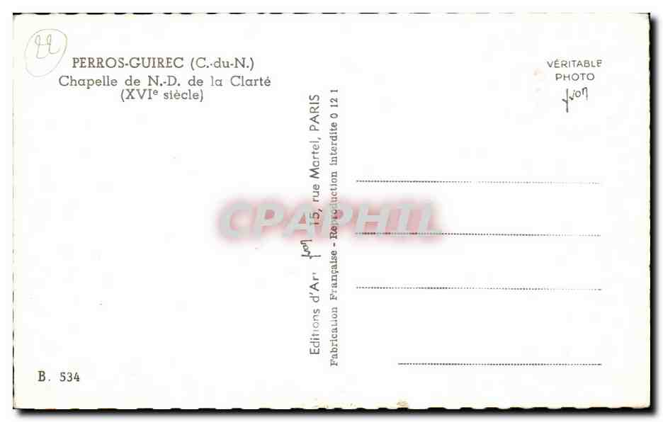 CPA Perros Guirec Chapelle de Notre Dame la Clare — Verso