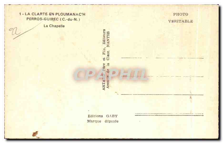 CPA La Clarte en Ploumanac h Perros Guirec La Chapelle — Verso