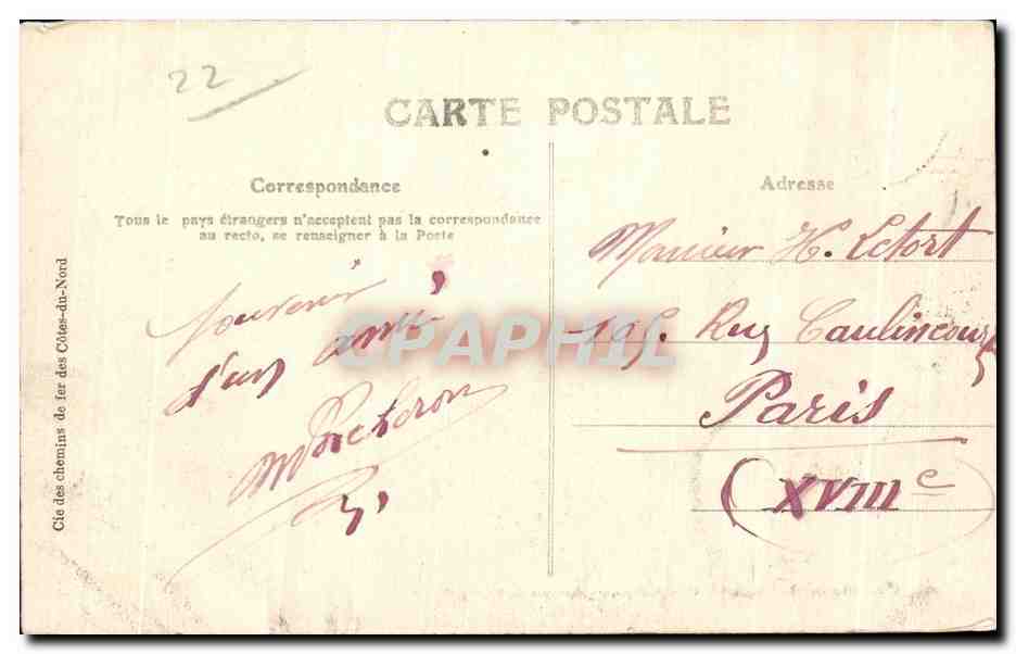 CPA La Cote De Grant Rose Perros Guirec Rochers de Ploumanac h Le Cepe — Verso
