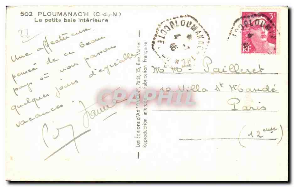 P loumanac'h (C-d-u-N) — La petite baie intérieure — Les Éditions d'Art 'W. Marel' n°502 — Verso