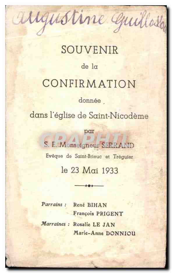 Image Saint Brieuc Monseigneur Serrand Eveque de Saint Brieuc et Treguier Confirmation 1933 Bihan Preigent Le Jan Donnio — Verso
