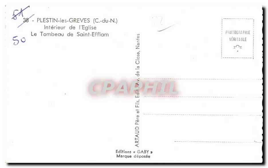Tombeau de Saint-Efflam — PLESTIN-les-GREVES (C.-du-N.) — Éditions Gaby — Verso