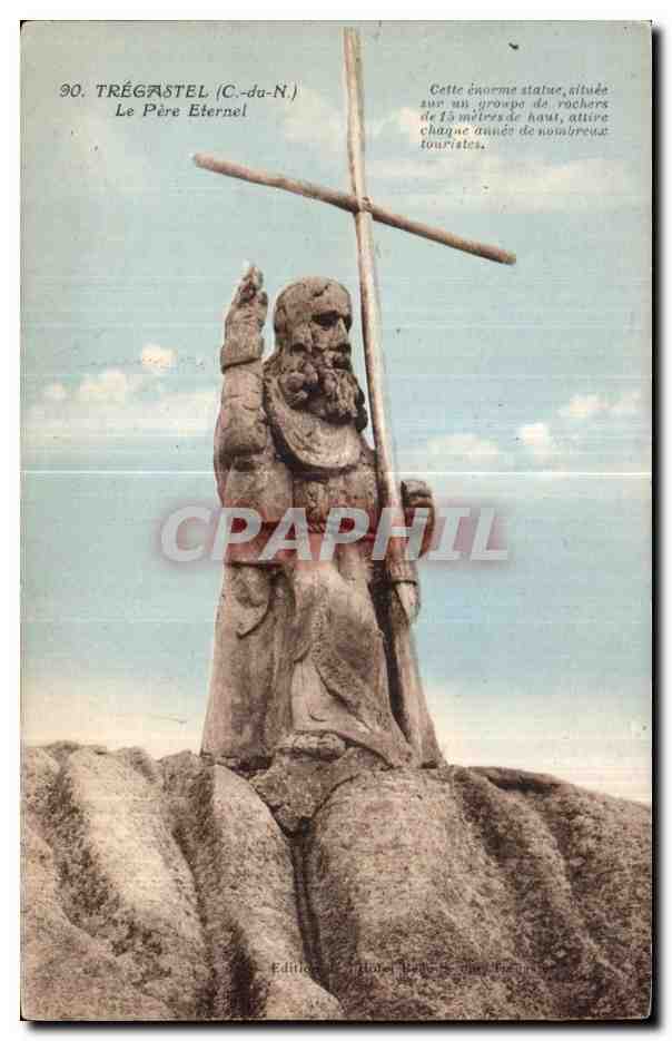CPA Tregastel Le Pere Eternel Cette enoeme statue situde sur un groups de rochers de 15 meers de haut attive chaque anne