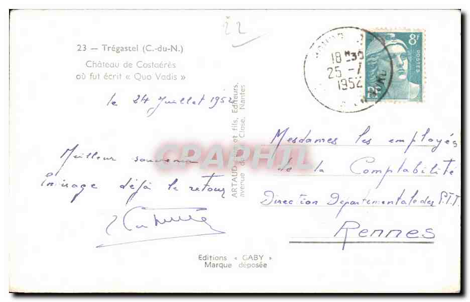 CPA Tregastel Chateau de Costaeres ou fut ecrit a Quo Vadis — Verso