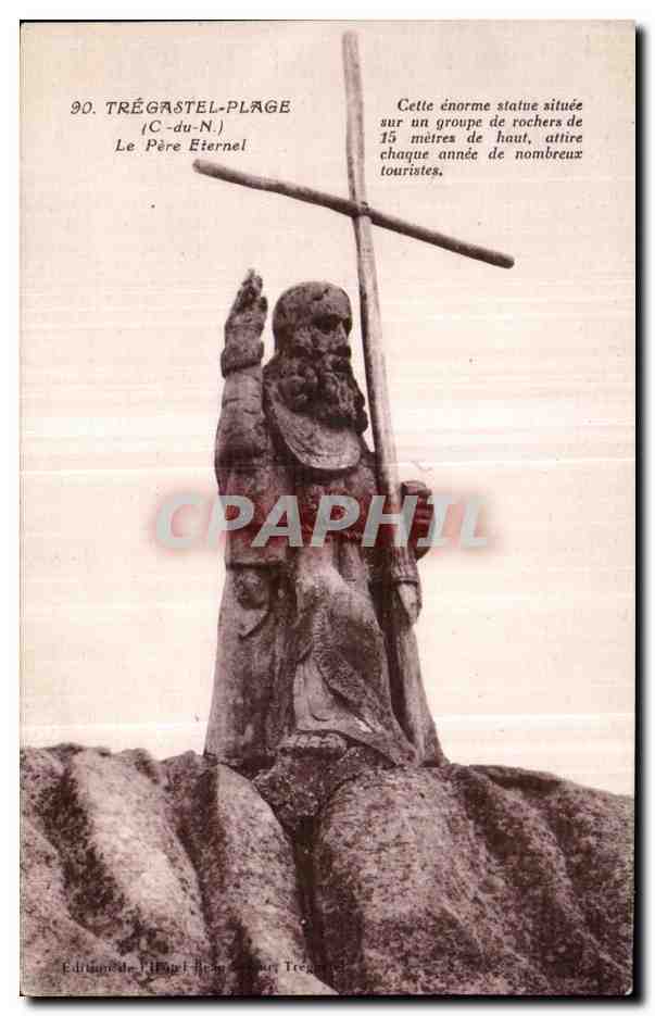 CPA Tregastel Plage Le Pere Eternel Cette enorme Statue situee aur un groupe de rochers de 15 meteres de haut arttire cu