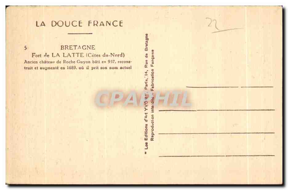 Fort de La Latte — Bretagne — Les Éditions d'Art YVO, Paris — Verso