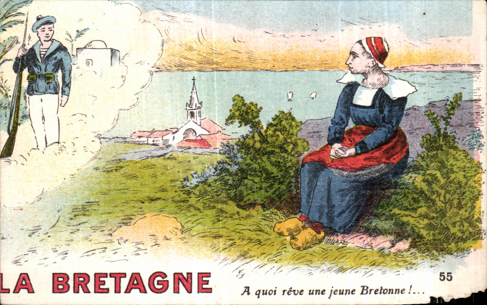 CPA La Bretagne A quoi reve une jeune Bretonne Folklore Costume Coiffe