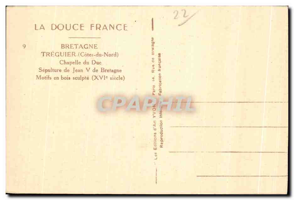 Sépulture de Jean V de Bretagne — Chapelle du Duc — Tréguier (Côtes-du-Nord) — Éditeur Yvon, Paris — Reverso