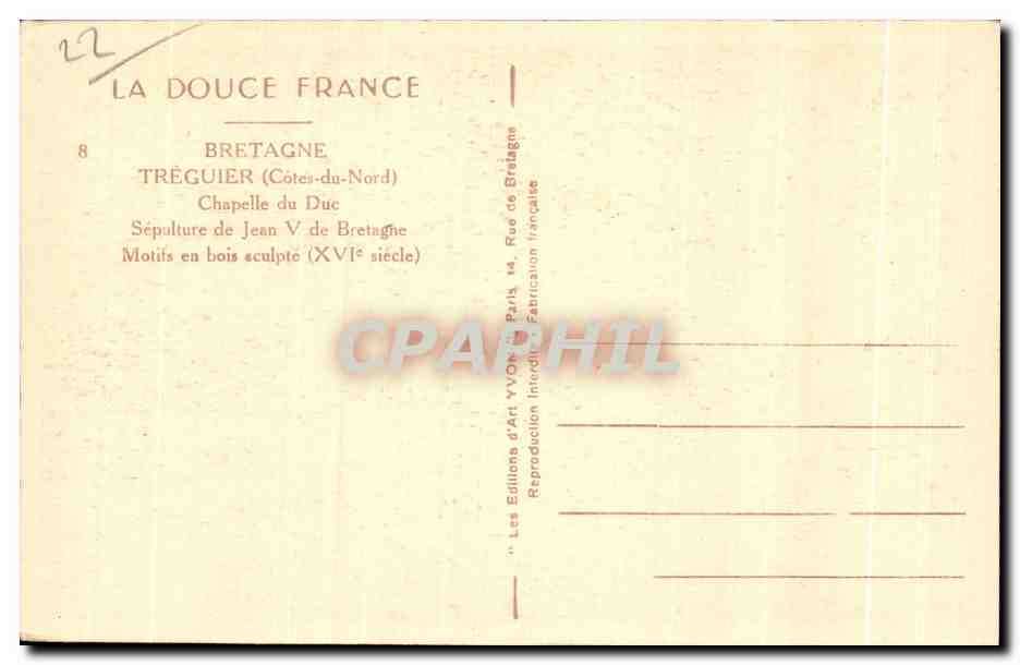 Sépulture de Jean V de Bretagne — Motifs en bois sculpté — Les Éditions d'Art Yvon, Paris — Verso