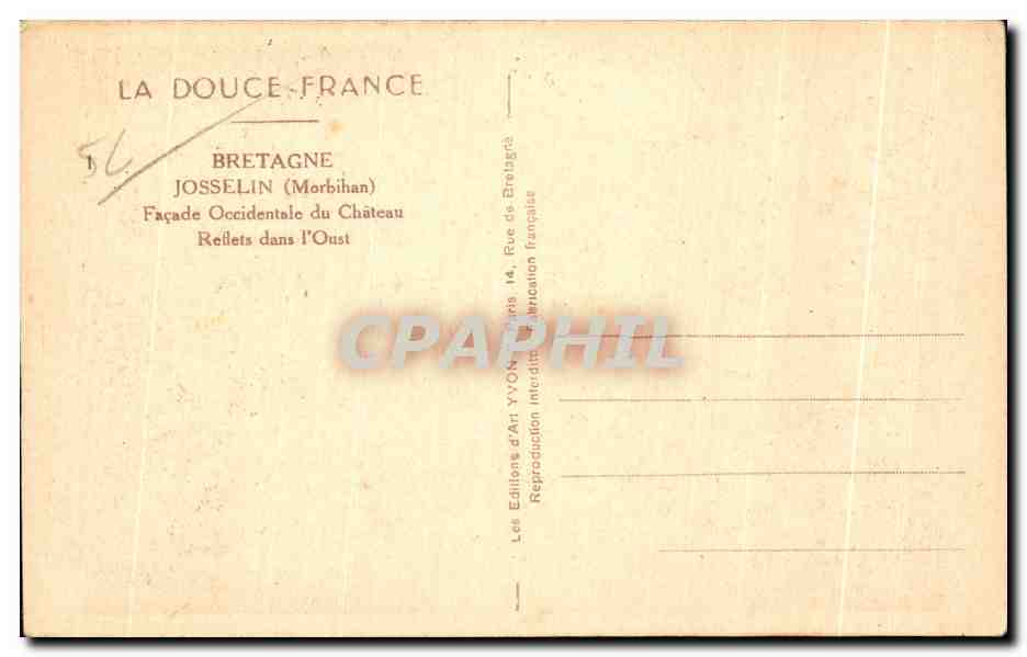 Château de Josselin — Façade occidentale reflétée dans l'Oust — Éditions d'Art Yvon, Rue de Bretagne, Morbihan — Rückseite