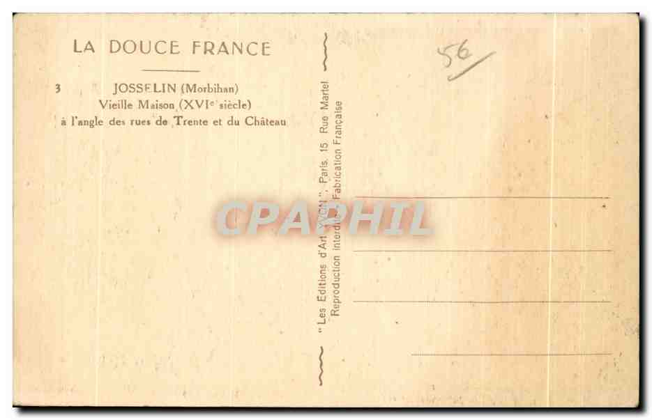 Josselin (Morbihan) — Vieille Maison (XVIe siècle) à l'angle des rues de Trente et du Château — Les Éditions d'Art YVON, Paris — Back