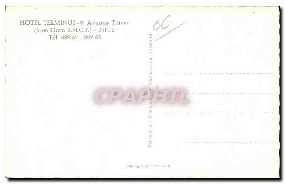 CPA Hotel Terminus Avenue Thiers (face Gare SNCF) Nice — Rückseite
