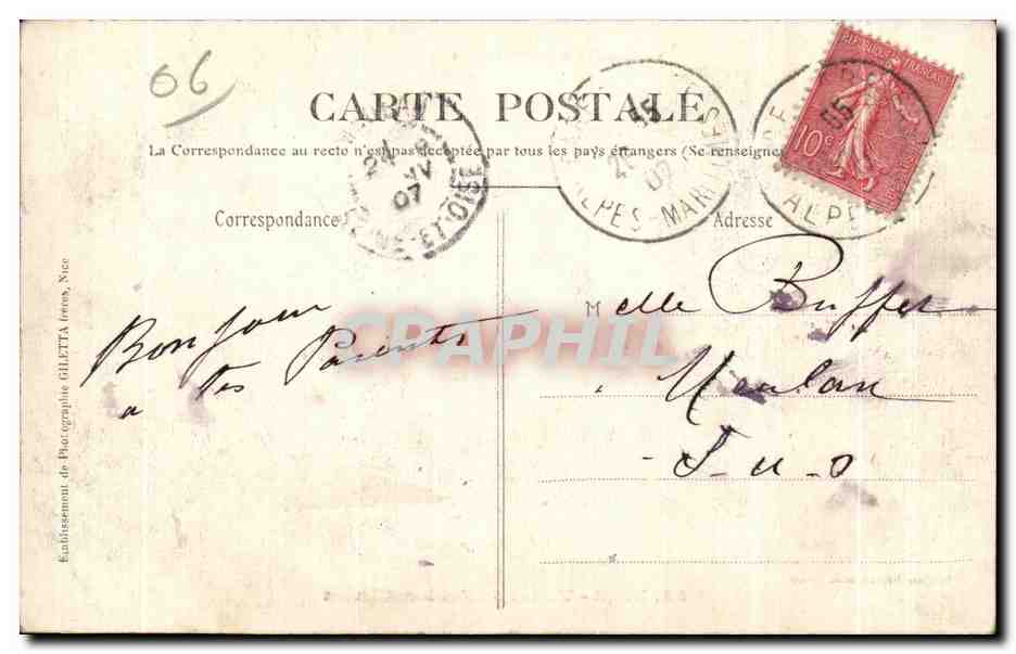 CPA Collection Artistique Nice Vallee du Paillon Cimiez — Rückseite