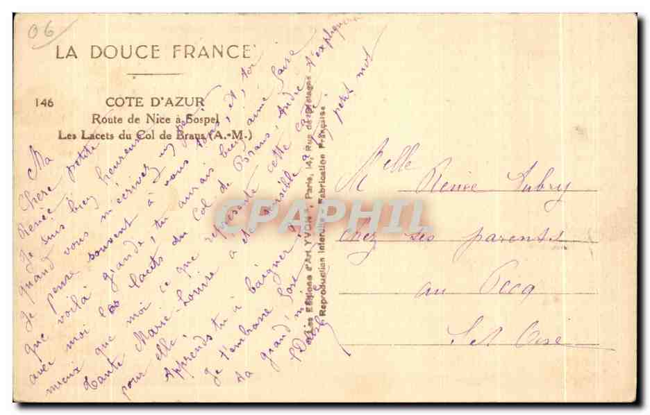 CPA Cote D Azur Route de Nice a Sospel Les Lacets du Col de Braus Automobile — Rückseite