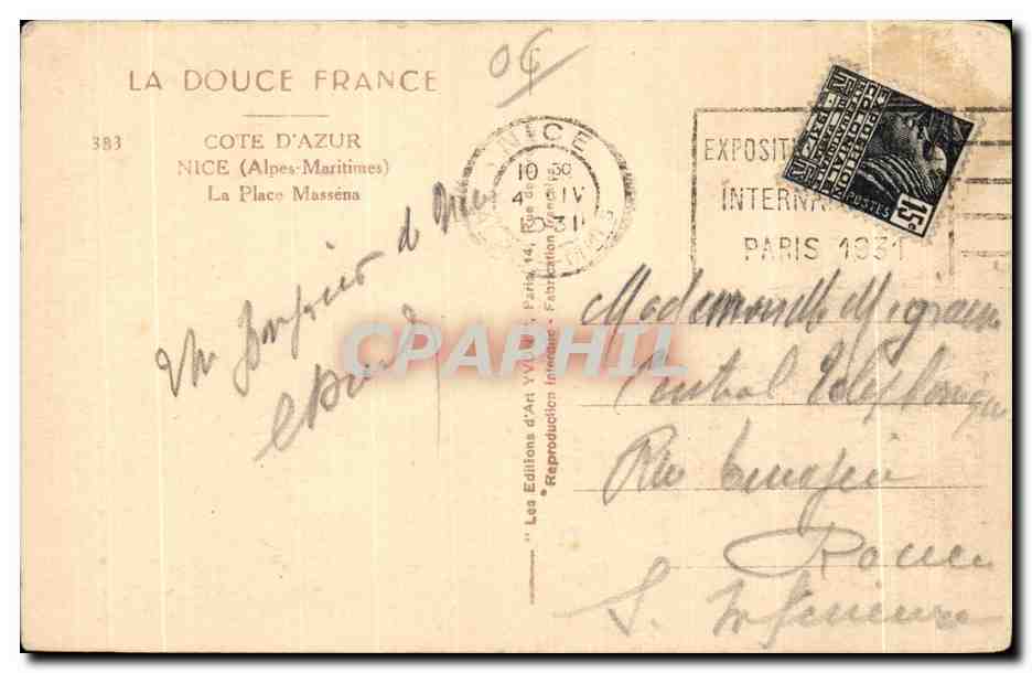 CPA Cote D Azur Nice (Alpes Maritimes) La Place Massens — Verso