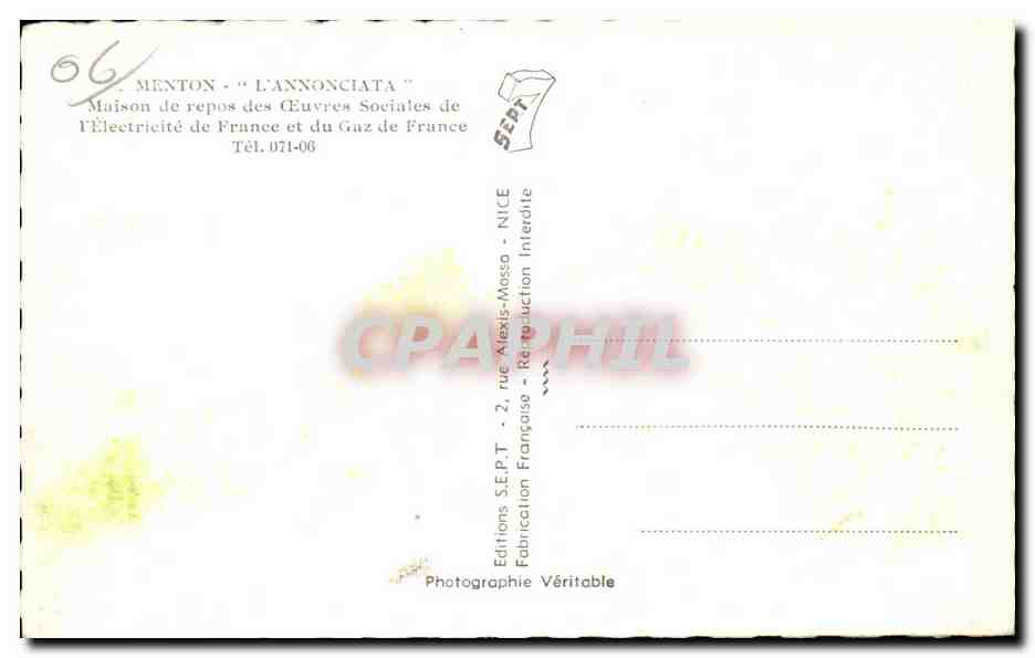 CPA Menton L Annonciata Maison de repos des oeuvres sociales de l electricite de France et du Gaz de France EDF GDF — Rückseite