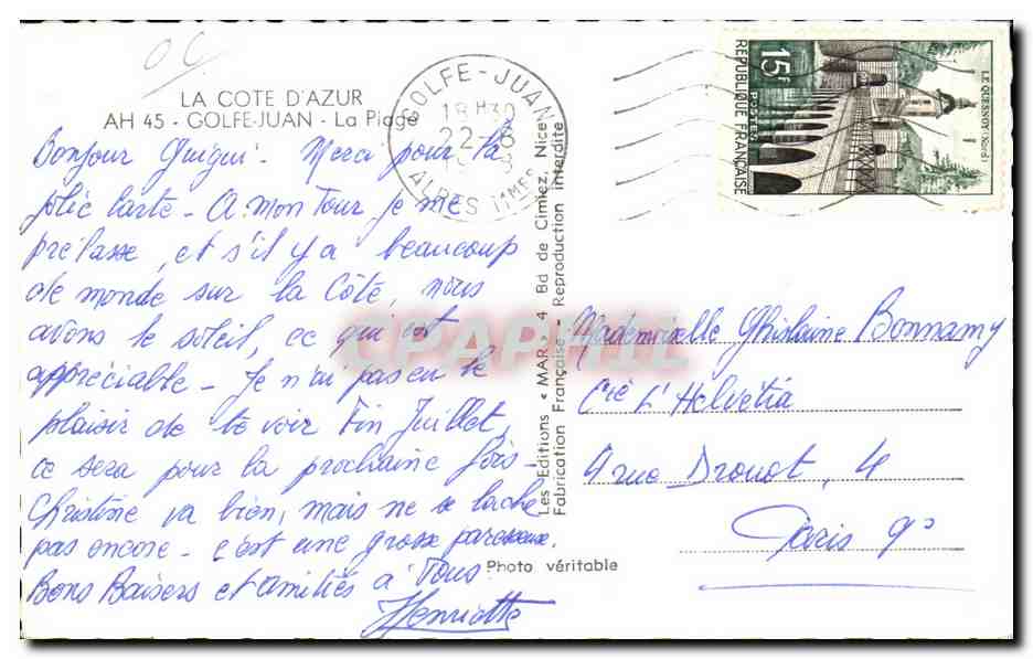 CPA La Cote D Azur Golfe Juan La Plage — Rückseite