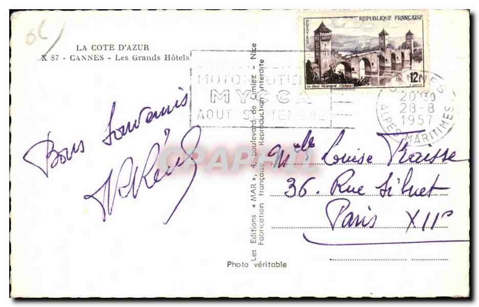 CPA La Cote D Azur Cannes Les Grands Hotels Bateaux — Verso
