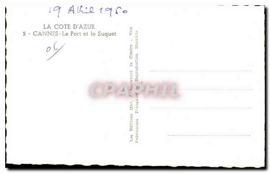 CPA La Cote D Azur Cannes Le Port et le Suquet Bateaux — Verso