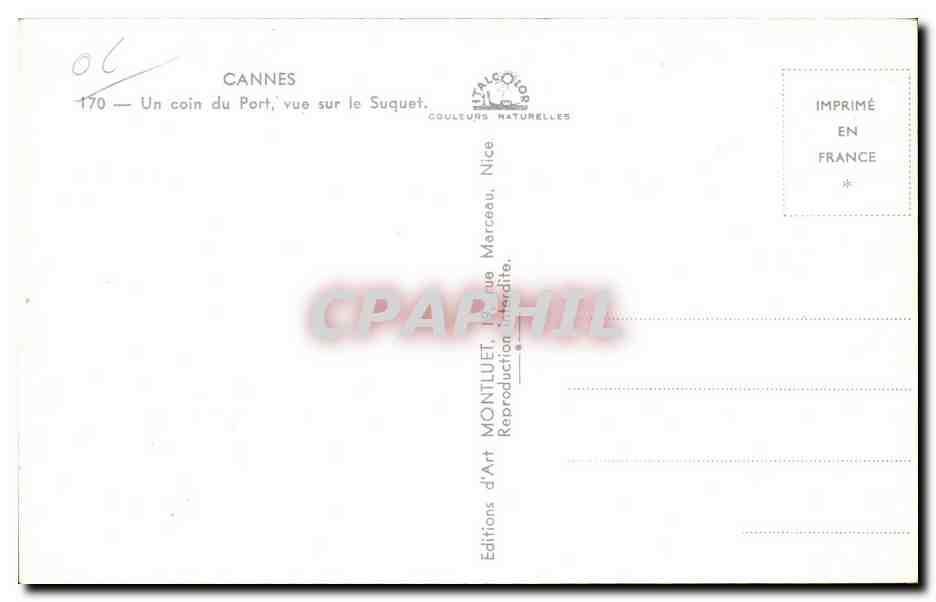 CPA Cannes Un coin du Port vue sur le Suquet Bateau — Verso