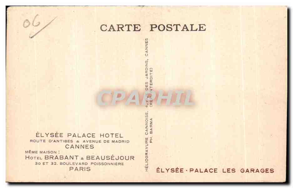 CPA Elysee Palace Hotel Route D Antibes Avenue De Madrid Cannes — Verso