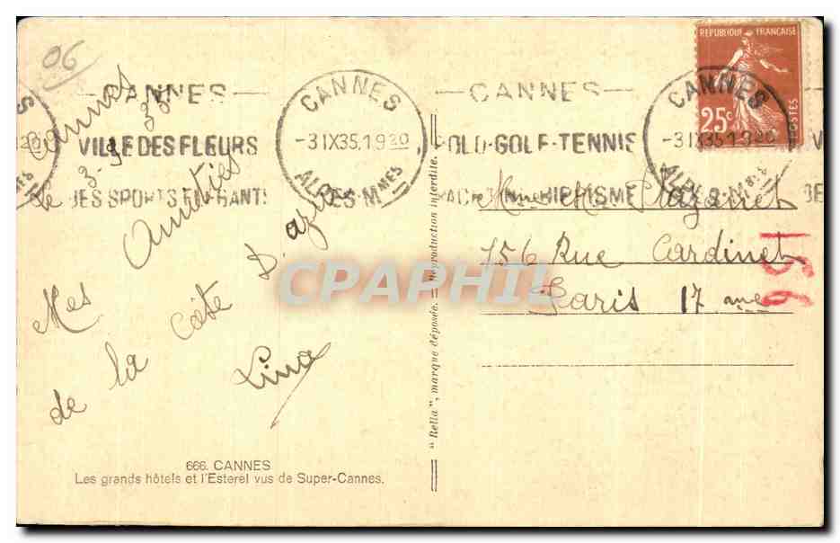 CPA Cannes Les Grands Hotels et l Eglise vus de Supwer Cannes — Verso