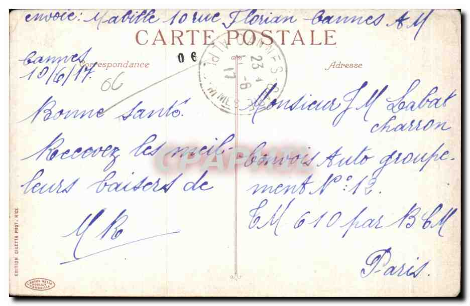 CPA Cannes Statue de Lord Broughan — Verso