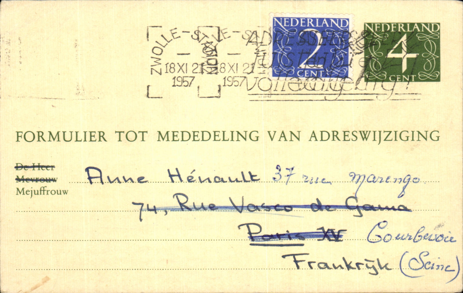 Entier postal Pays Bas 1957 pour Courbevoie Henault 