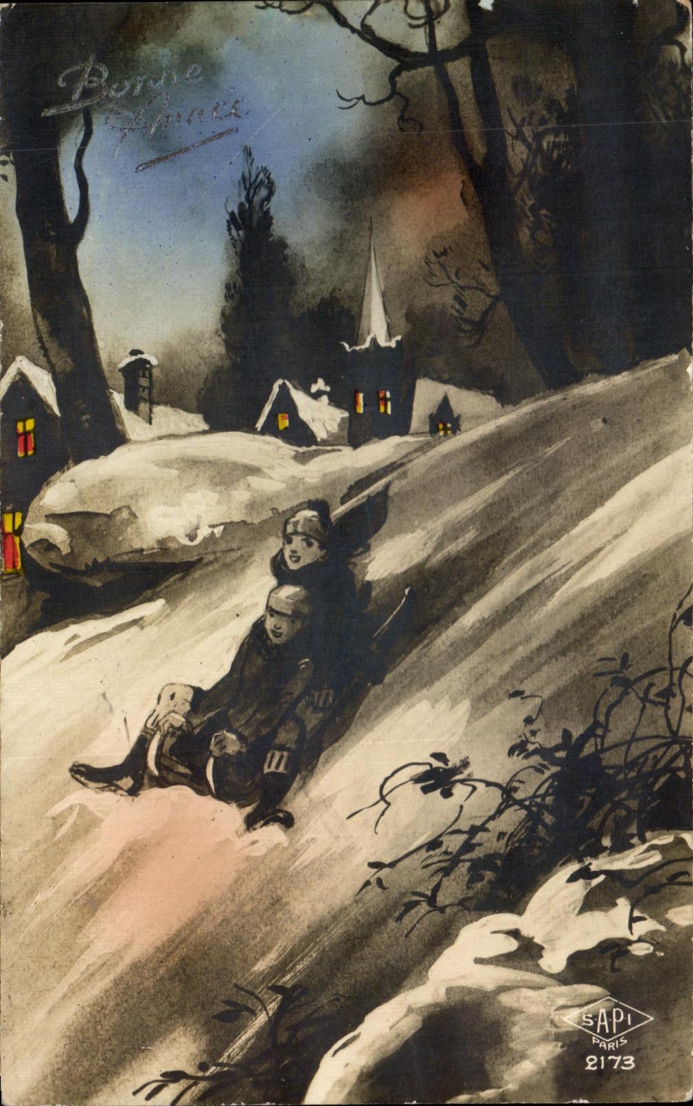 CPA Fantaisie Enfants Luge Bonne annee