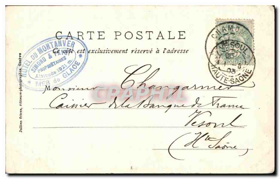 CPA Chamonix Hotel du Montanvert et Aiguille du Dru — Verso