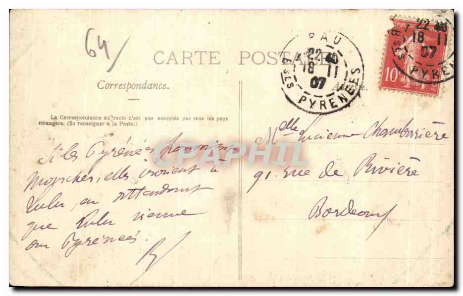 Pau — Souvenir des Pyrénées — C.C. 1041 — Verso