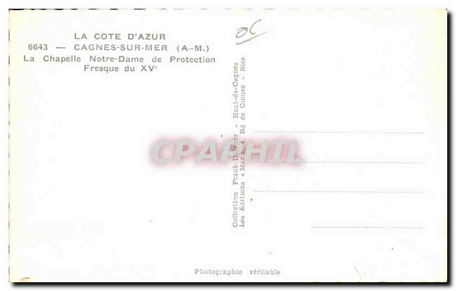 CPA La Cote D Azur Cagnes Sur Mer La Chapelle Notre Dame de Protection — Verso