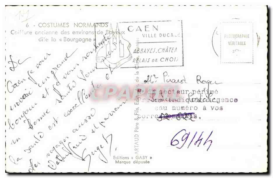 CPSM Costumes Normands Coiffure ancienne des environs de Bayeux — Verso