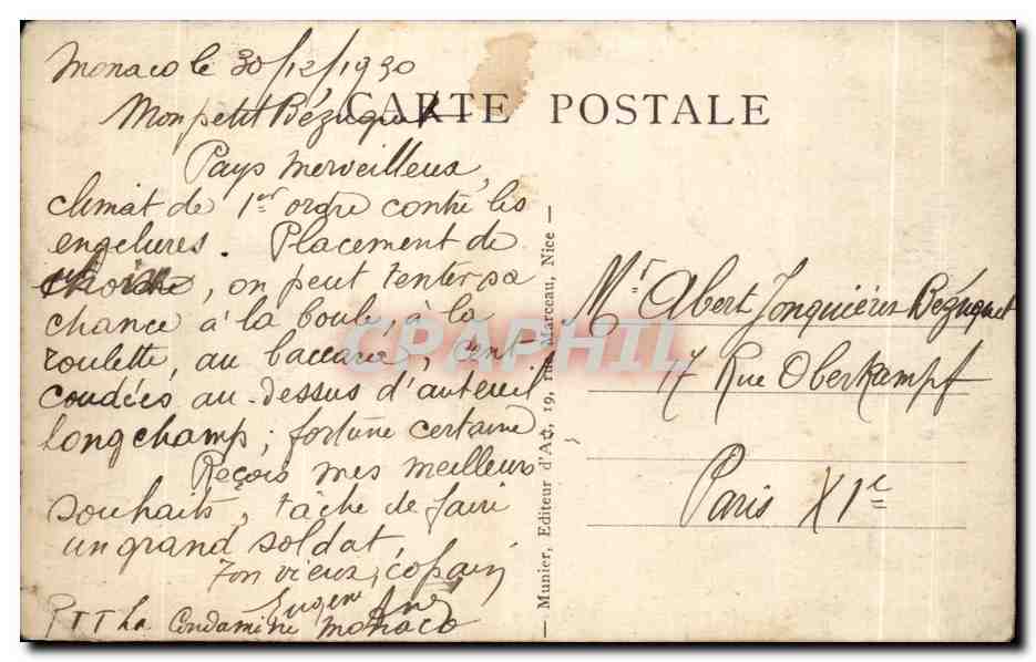 CPA Monte Carlo Le Casino vu de la Mer Monaco — Verso