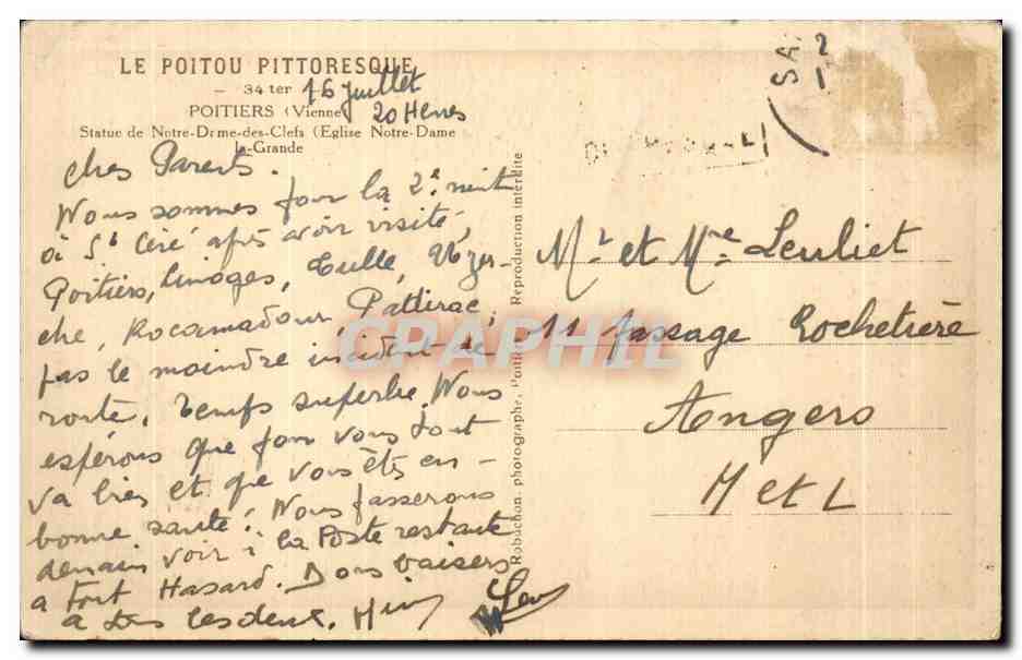 Statue de Notre-Dame-des-Clefs — Poitiers — Église Notre-Dame — Éditeur Le Poitou Pittoresque — Verso