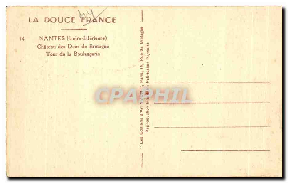 Nantes — Château des Ducs de Bretagne, Tour de la Boulangerie — Éditions d'Art Yvon, Paris — Verso