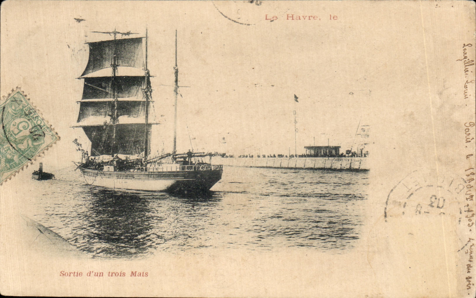 Antike Ansichtskarte Abfahrt eines Drei-Mast-Segelschiffes aus Le Havre