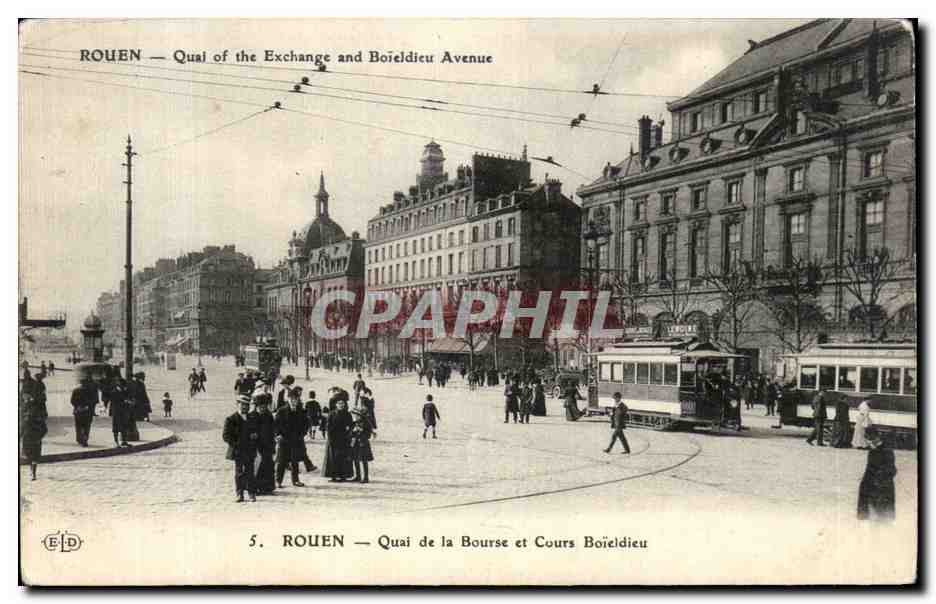 CPA Rouen Quai de la Bourse et Cours boeildieu Tramway