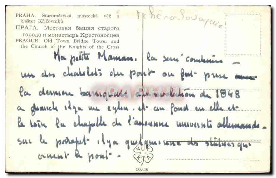 CPA Praha Staromestaka mostecka vez Tchequie  — Rückseite