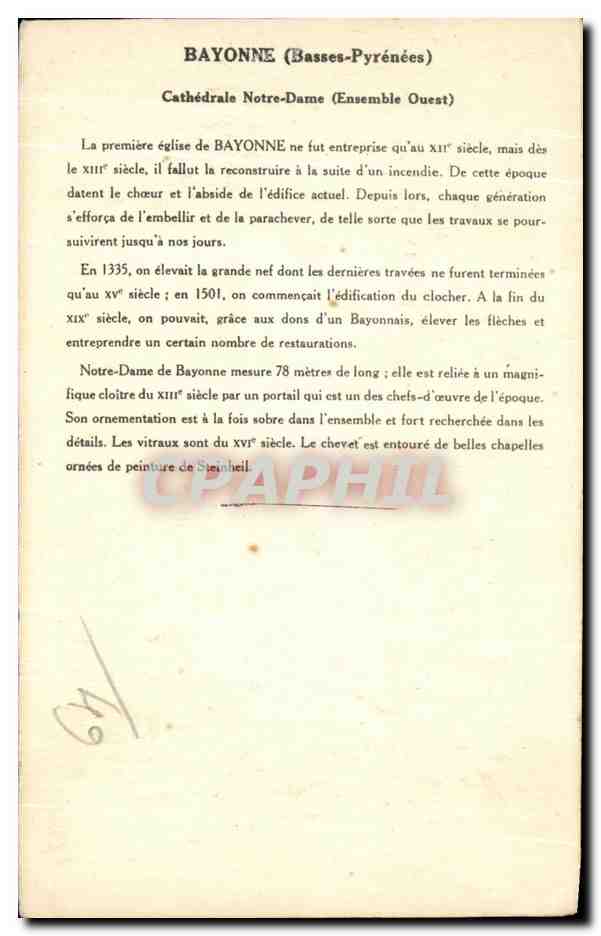 CPA Bayonne (Basses Pyrenees) Cathedrale Notre Dame (Ensemble Ouest apres restauration) — Verso