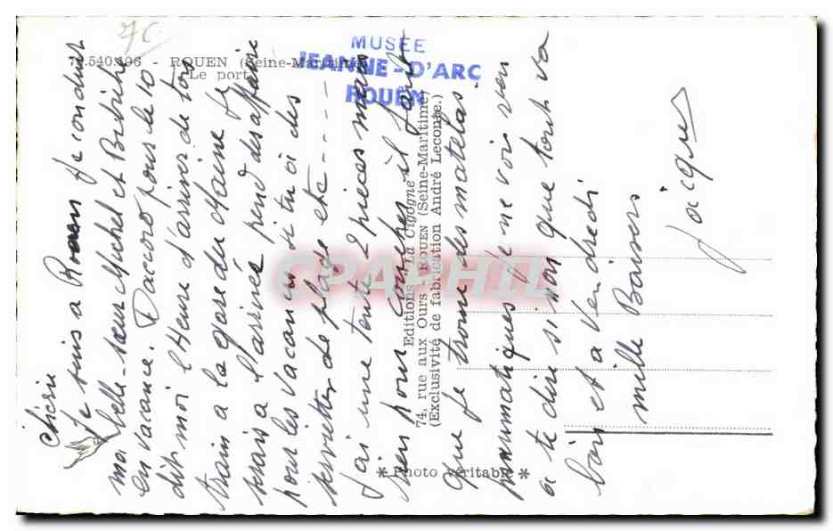 CPA Rouen (Seine Marlin) Le Port Bateau — Verso