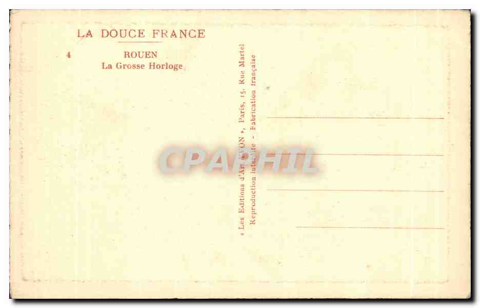 CPA LA Douce France Rouen La Grosse Horloge — Verso